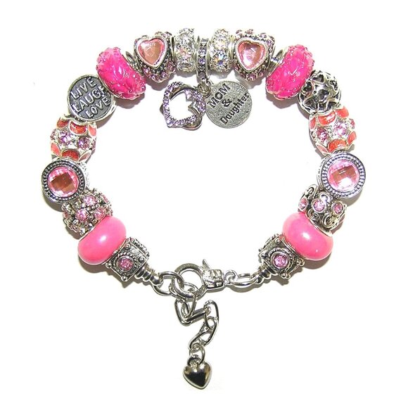 Mom & Daughter European Bracelet, Pink With Sparkling Crystals, Hearts NEW - Picture 1 of 4